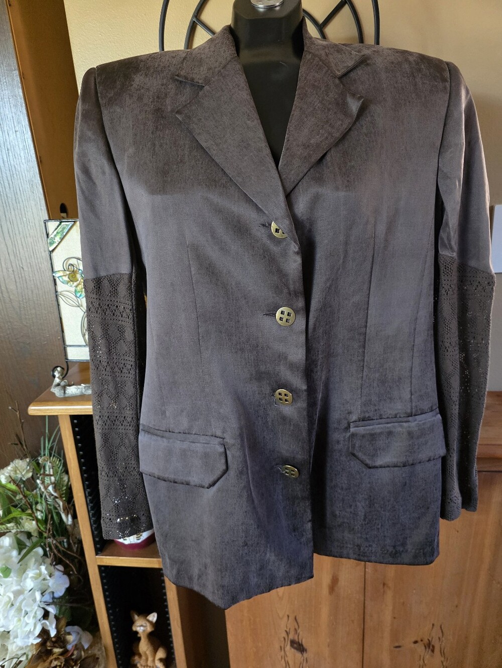 Vtg 1990s JEAN AIROLDI Prêt-à-Porter Canadian Designer Brown Blazer w/Knit Lace